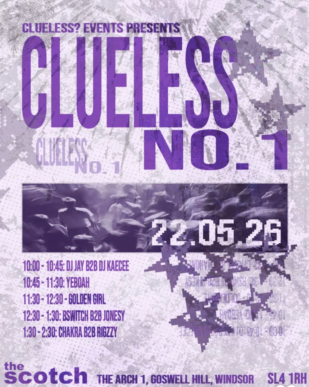 CLUELESS NO. 1 event flyer for 22 May 2026 at The Arch 1, Goswell Hill, Windsor